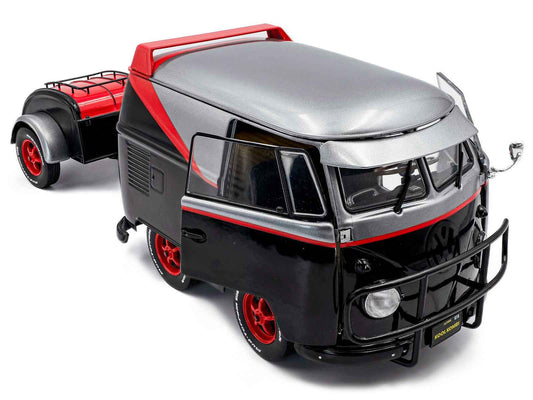 2024 Volkswagen Kool Kombi Sport Van with Trailer Black and Silver with Red Stripe 1/18 Diecast Model Car by Solido