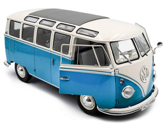 1962 Volkswagen T1 Samba Bus Baby Blue and White 1/18 Diecast Model Car by Solido