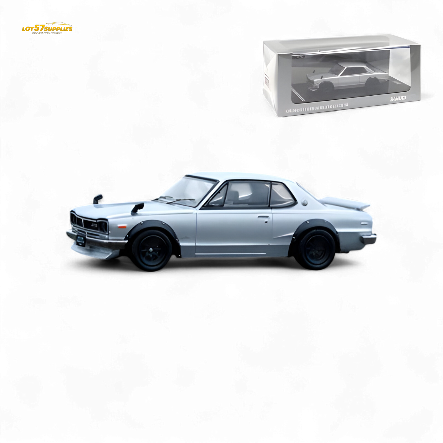 Silver Inno64 Nissan Skyline 2000GT-R (KPGC10) diecast model in 1:64 scale, detailed, compact car collectible.