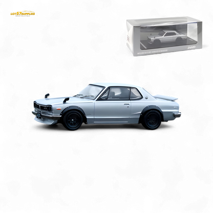 Silver Inno64 Nissan Skyline 2000GT-R (KPGC10) diecast model in 1:64 scale, detailed, compact car collectible.