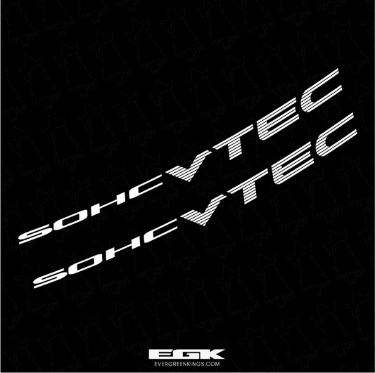 Evergreen Kings SOHC VTEC quarter panel decals for 92-00 Honda Civic, featuring bold black and red VTEC lettering on a white background.