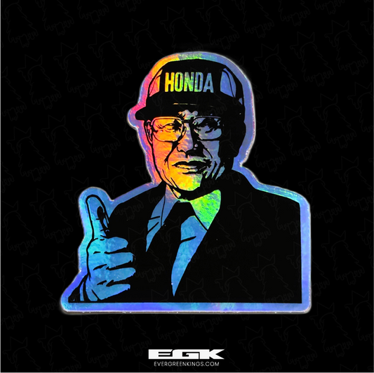 Holographic Soichiro Honda sticker, die-cut design, 3-inch size, from Evergreen Kings, featuring a shiny, reflective Honda logo image.