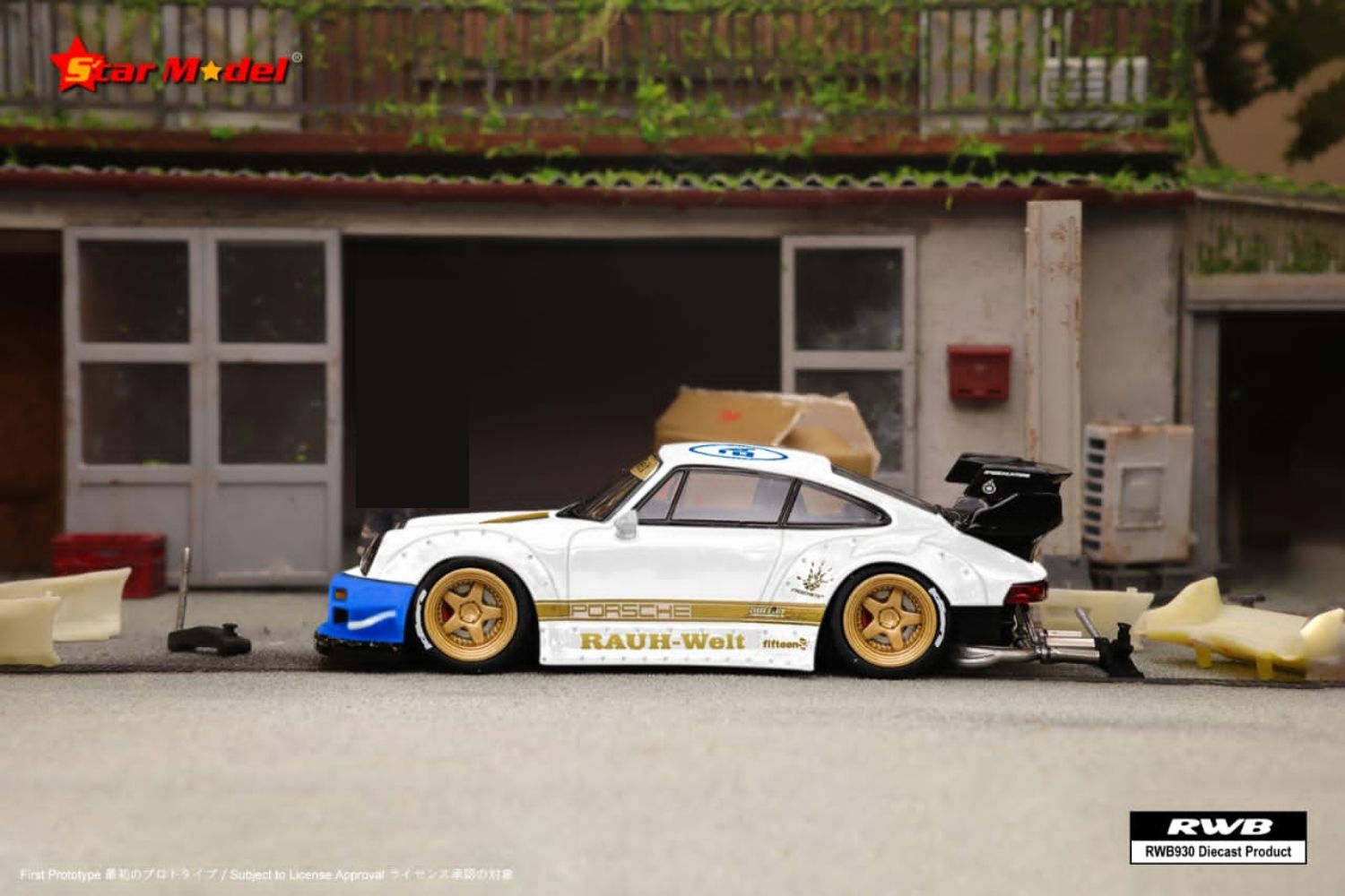 White Porsche RWB 930 GT Wing diecast model in 1:64 scale with NFS livery, detailed Lot57Supplies Porsche collectible.