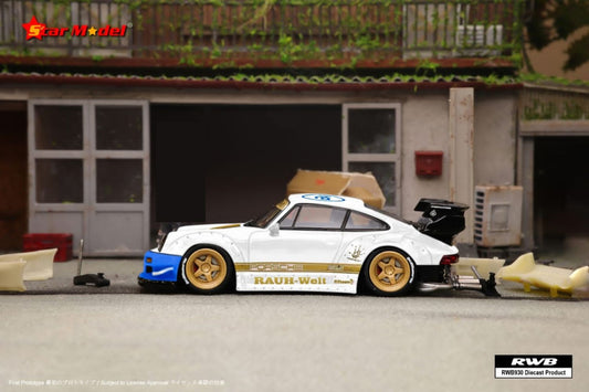 White Porsche RWB 930 GT Wing diecast model in 1:64 scale with NFS livery, detailed Lot57Supplies Porsche collectible.