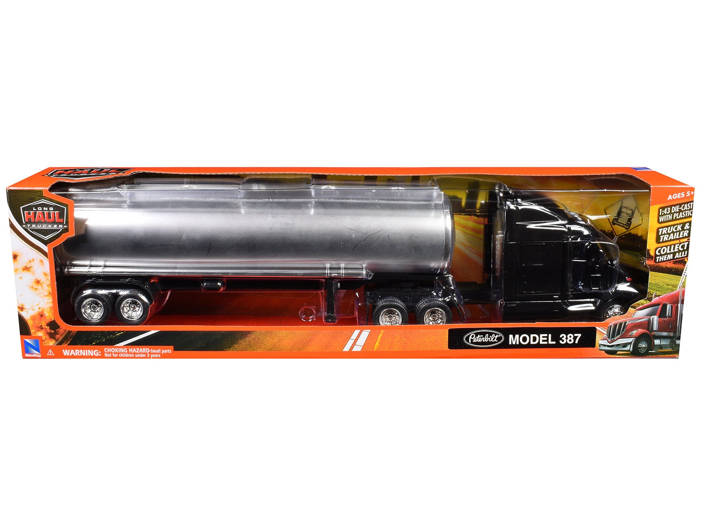 Peterbilt 387 Truck Black with Tanker Trailer Silver "Long Haul Truckers" Series 1/43 Diecast Model by New Ray