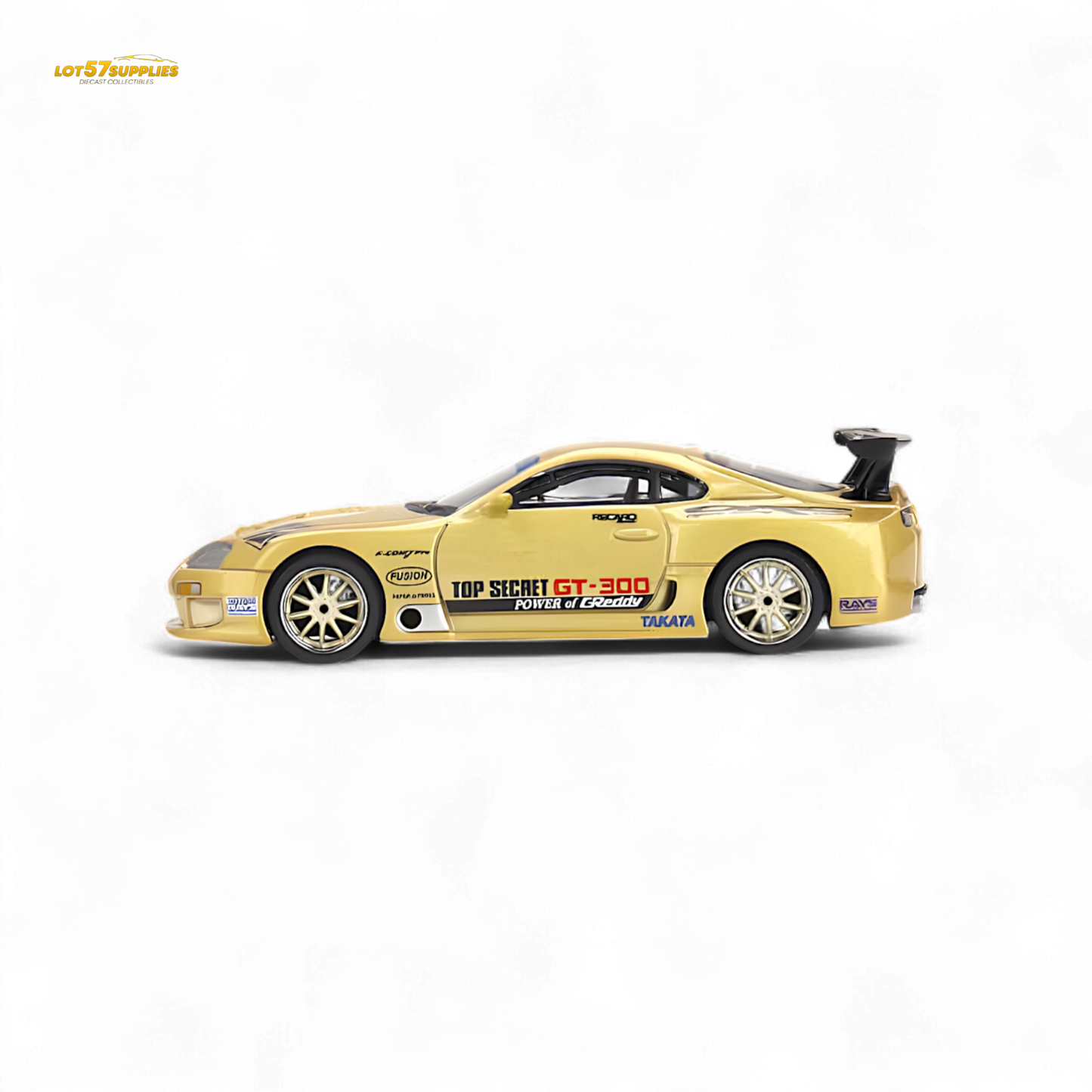 Mini-GT Toyota Supra A80 Top Secret diecast model in gold, detailed 1:64 scale car featuring sleek design and realistic features.