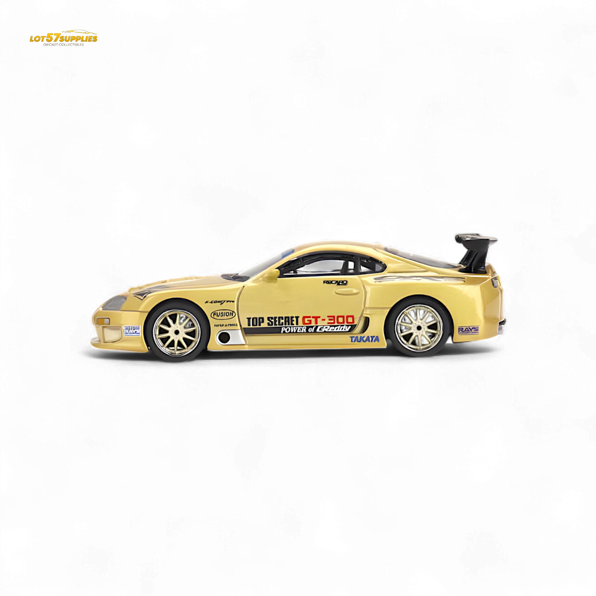 Mini-GT Toyota Supra A80 Top Secret diecast model in gold, detailed 1:64 scale car featuring sleek design and realistic features.