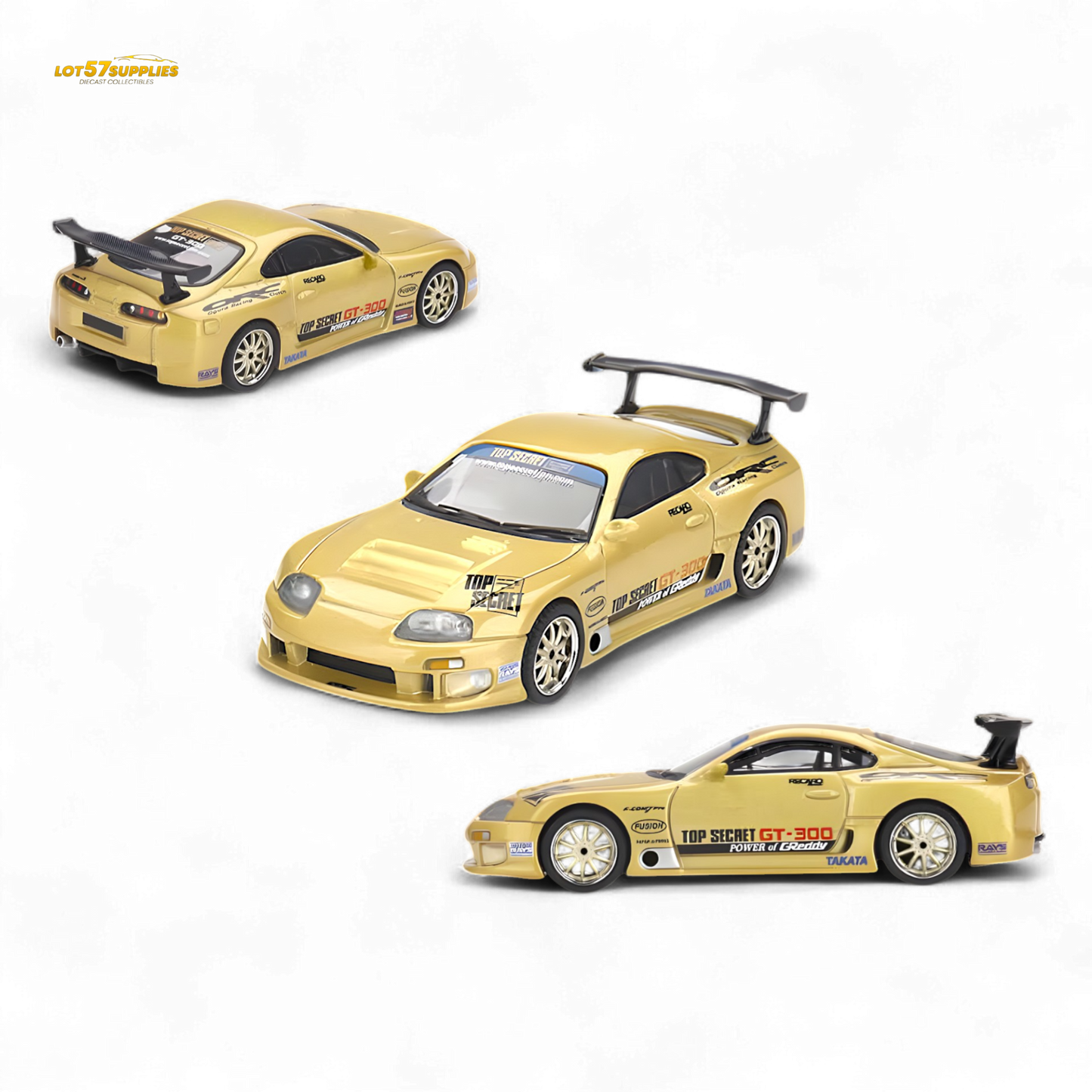 Mini GT Toyota Supra A80 Top Secret diecast car in gold, 1:64 scale, featuring detailed exterior design and branding.
