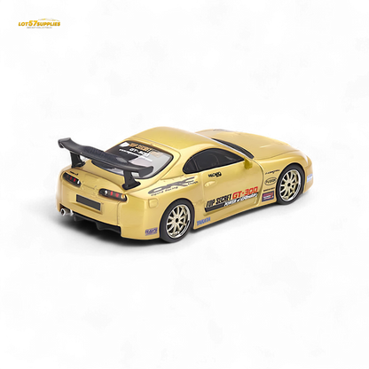 Gold Mini-GT Toyota Supra A80 Top Secret diecast model in 1:64 scale, detailed view showcasing its sleek design and vibrant color.