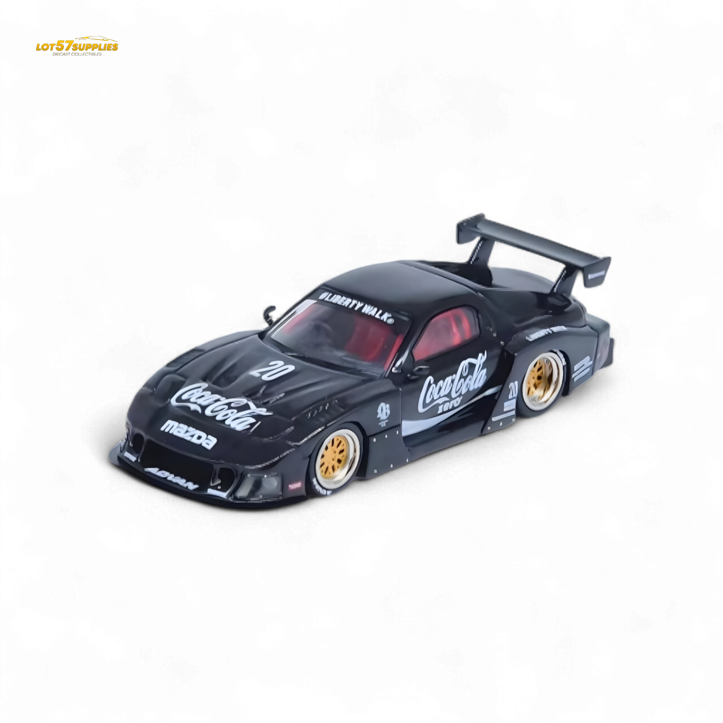 Black 1:64 scale Mazda RX-7 LBWK diecast model by Inno64, detailed miniature car displayed on a neutral background.