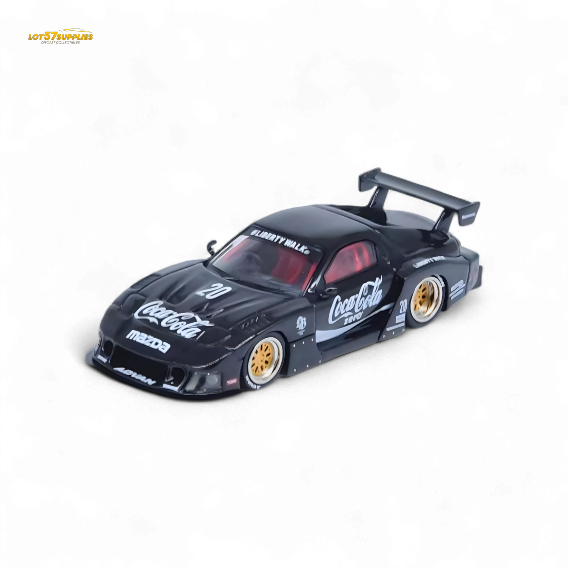 Black 1:64 scale Mazda RX-7 LBWK diecast model by Inno64, detailed miniature car displayed on a neutral background.