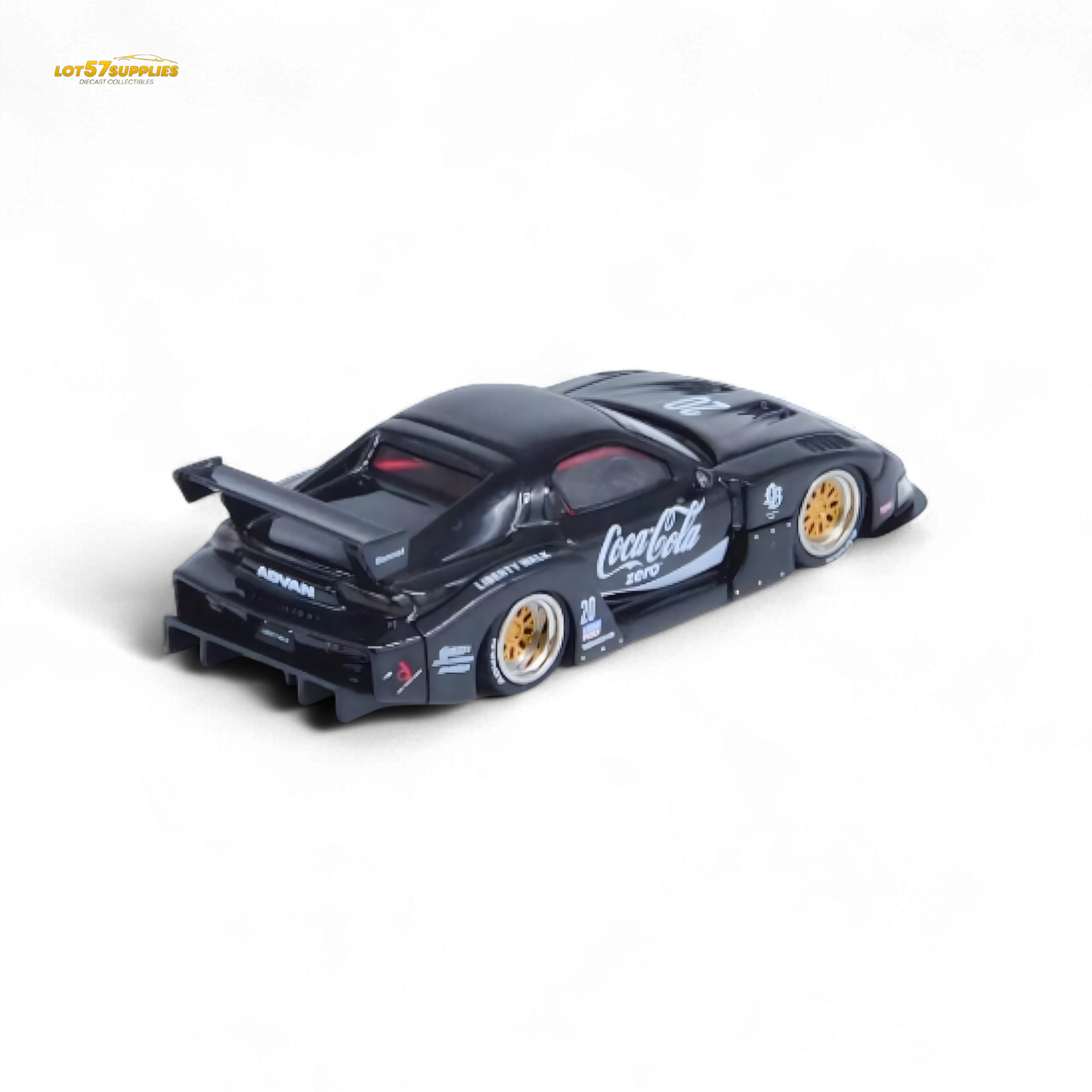 Black Inno64 Mazda RX-7 LBWK diecast model in 1:64 scale with detailed exterior, displayed on a plain background.