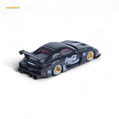 Black Inno64 Mazda RX-7 LBWK diecast model in 1:64 scale with detailed exterior, displayed on a plain background.