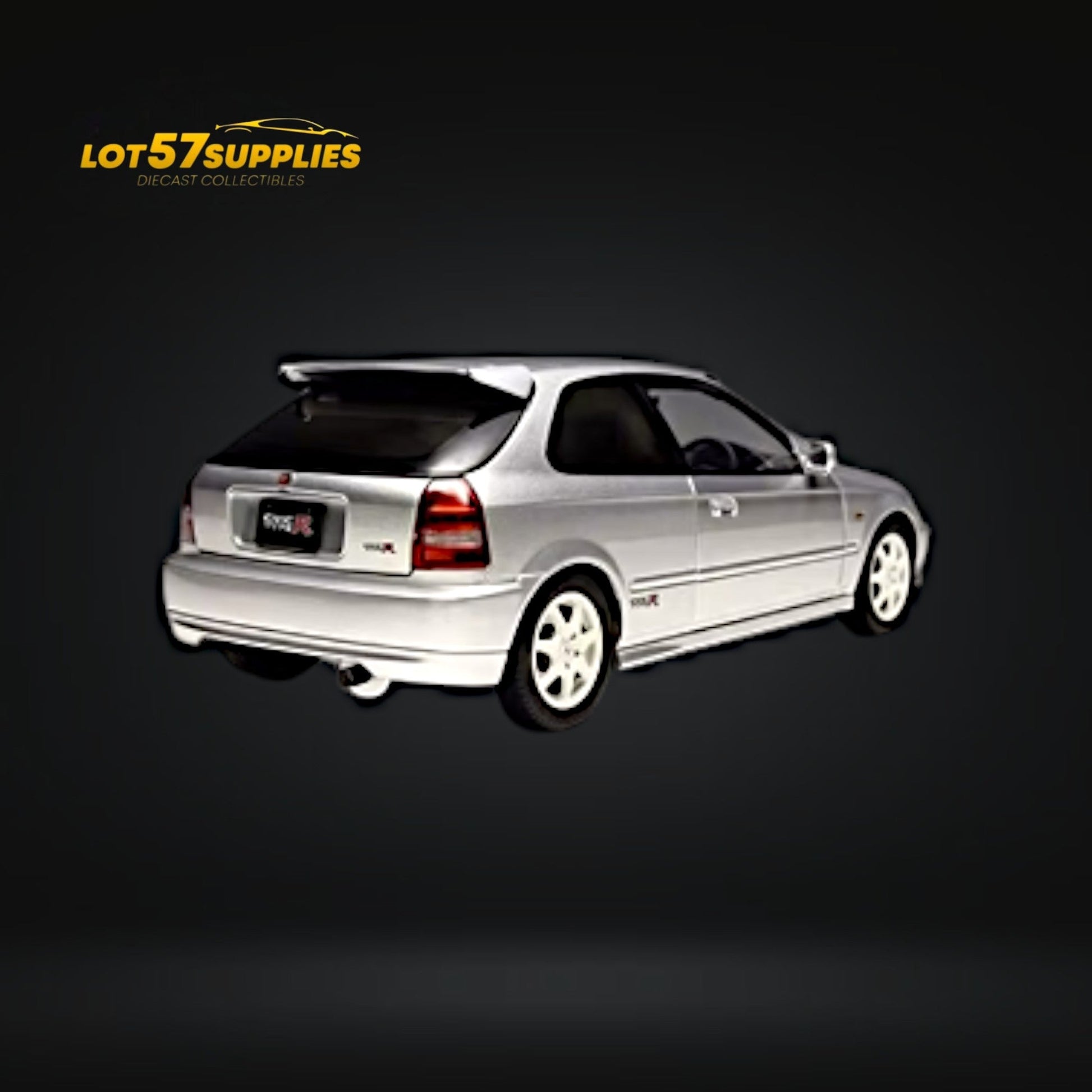 Silver Honda Civic Type-R EK9 diecast model by Lot57Supplies, detailed 1:18 scale replica of the Honda racing car.