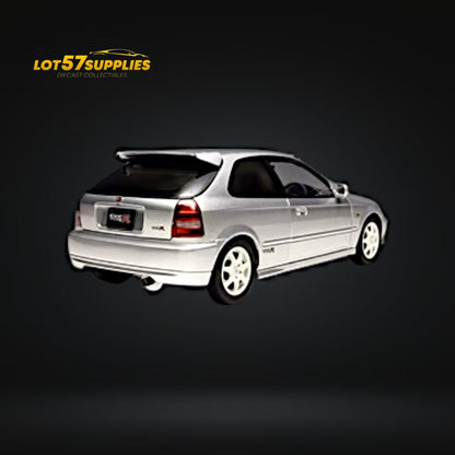 Silver Honda Civic Type-R EK9 diecast model by Lot57Supplies, detailed 1:18 scale replica of the Honda racing car.
