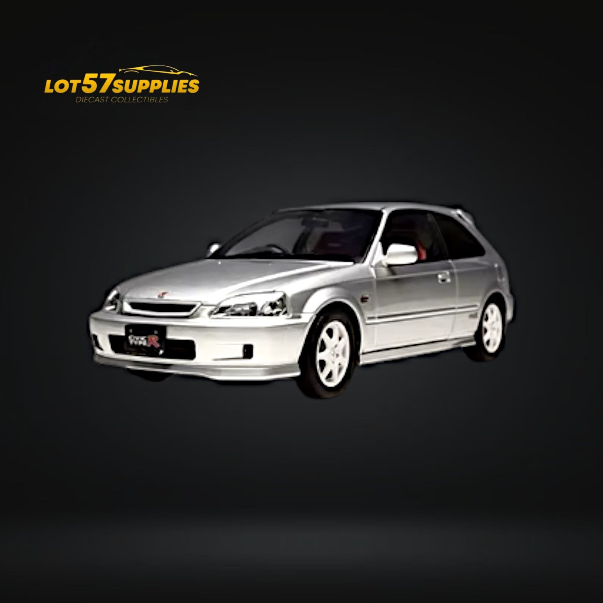 Silver Honda Civic Type-R EK9 diecast model in 1:18 scale by Lot57Supplies, detailed miniature of Honda's sporty hatchback.