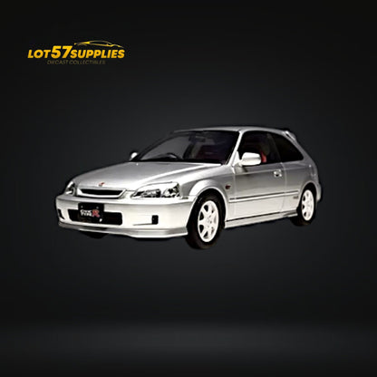 Silver Honda Civic Type-R EK9 diecast model in 1:18 scale by Lot57Supplies, detailed miniature of Honda's sporty hatchback.