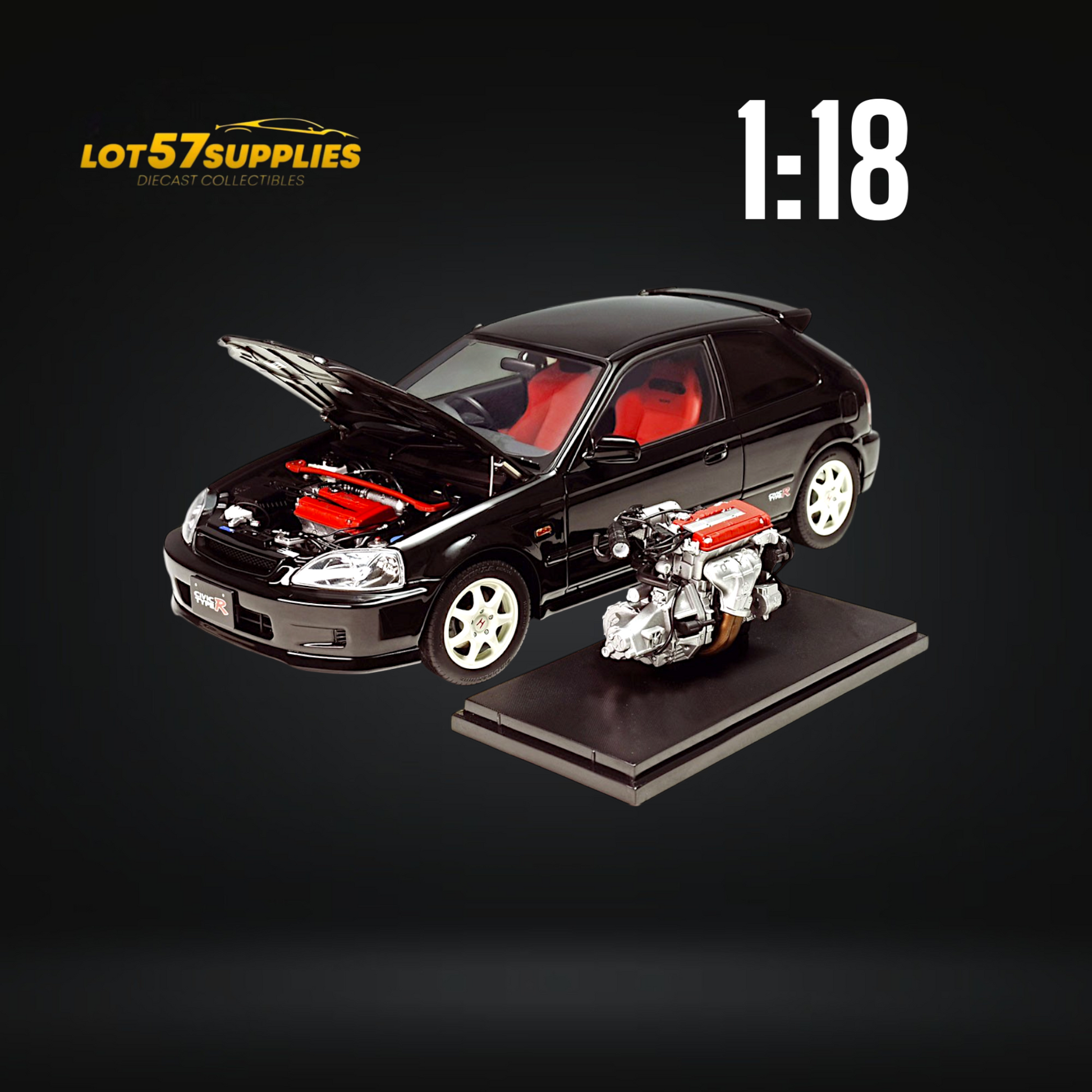 Black 1:18 scale Honda Civic Type-R EK9 diecast model by Lot57Supplies Diecast Shop, detailed miniature car with realistic features.
