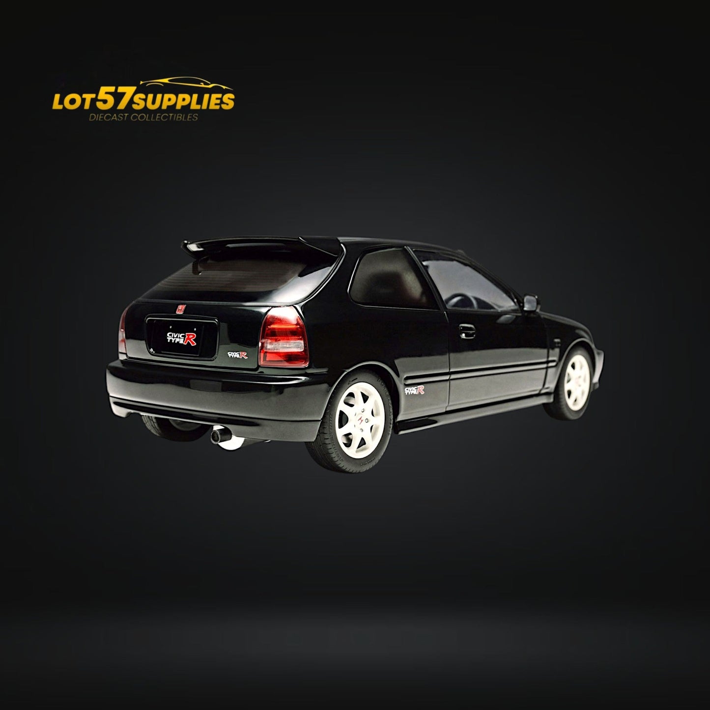 Black Honda Civic Type-R EK9 diecast model by Lot57Supplies, detailed 1:18 scale replica with realistic features.