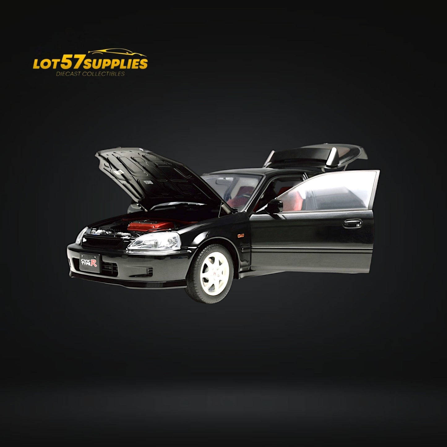 Black Honda Civic Type-R EK9 diecast model in 1:18 scale from Lot57Supplies Diecast Shop, detailed miniature car.
