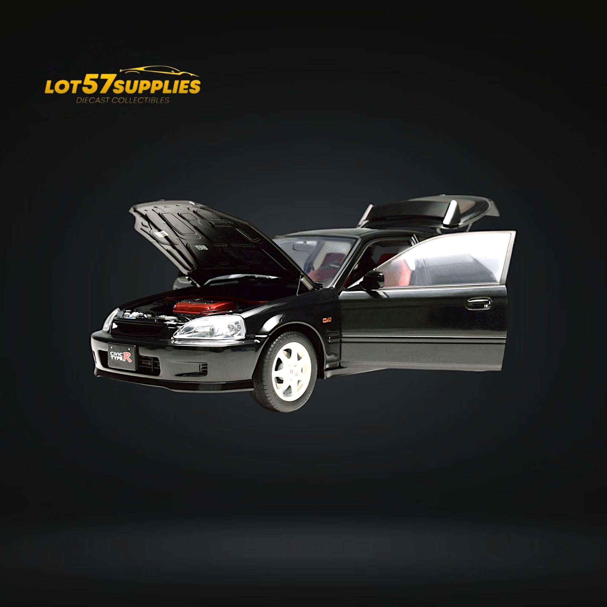 Black Honda Civic Type-R EK9 diecast model in 1:18 scale from Lot57Supplies Diecast Shop, detailed miniature car.