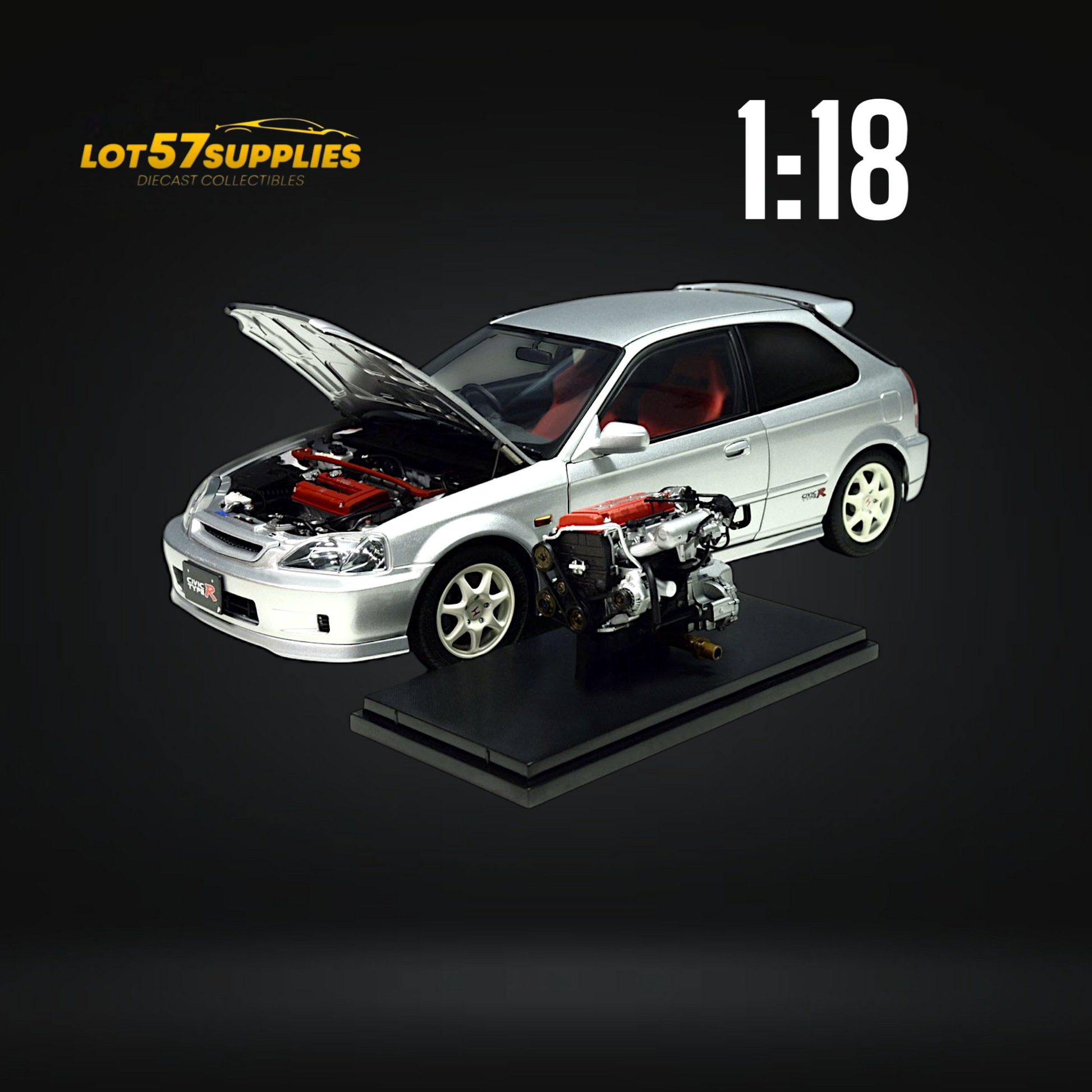 Silver Honda Civic Type-R EK9 diecast model by Lot57Supplies, detailed 1:18 scale replica showcasing the car's features.