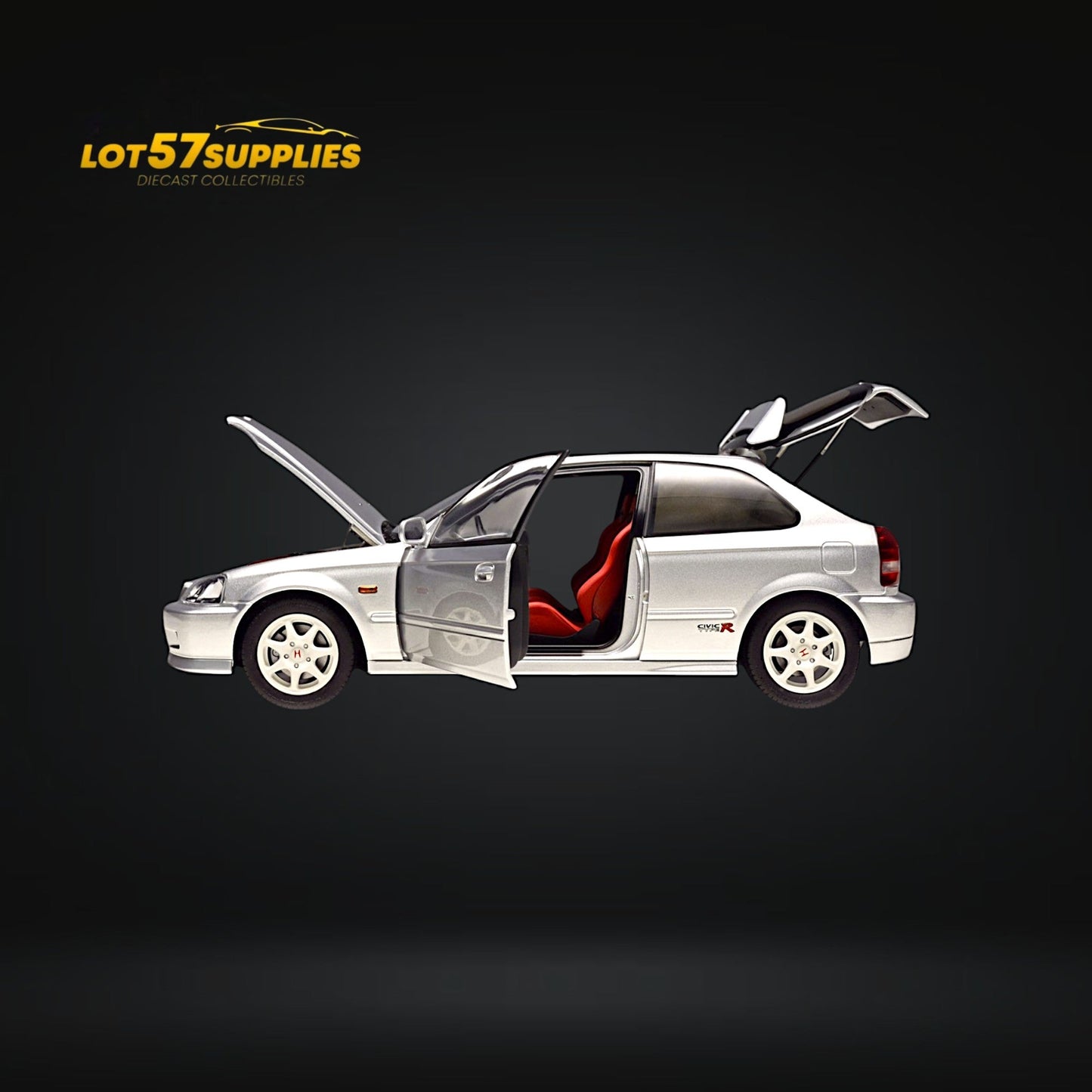 Silver Honda Civic Type-R EK9 diecast model from Lot57Supplies, detailed 1:18 scale Honda car, shown from a side angle.