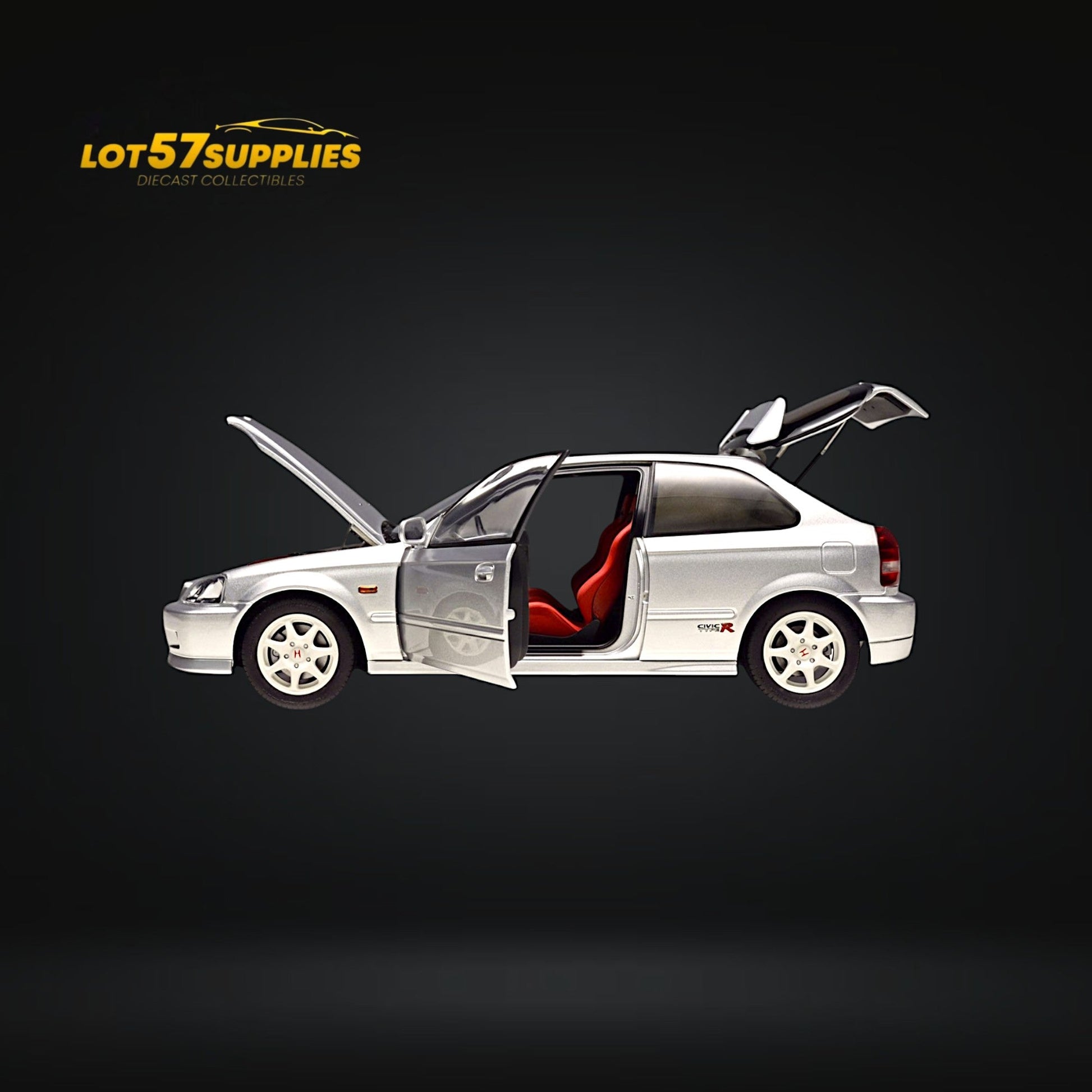 Silver Honda Civic Type-R EK9 diecast model from Lot57Supplies, detailed 1:18 scale Honda car, shown from a side angle.