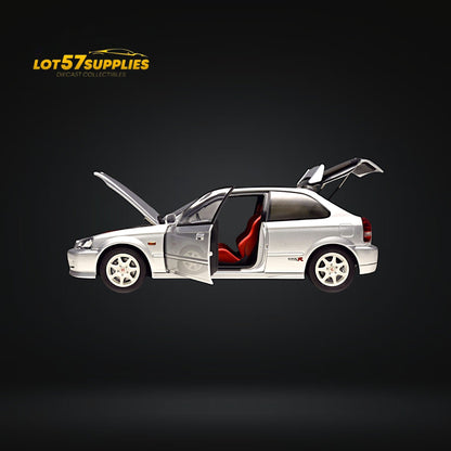 Silver Honda Civic Type-R EK9 diecast model from Lot57Supplies, detailed 1:18 scale Honda car, shown from a side angle.