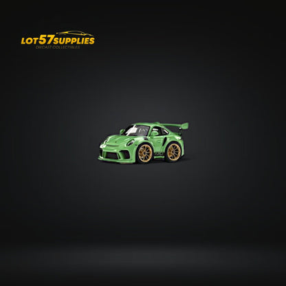 Green 1:64 scale Minicraftsmann Porsche 911 GT3 RS diecast car, detailed model with accurate design and vibrant color.