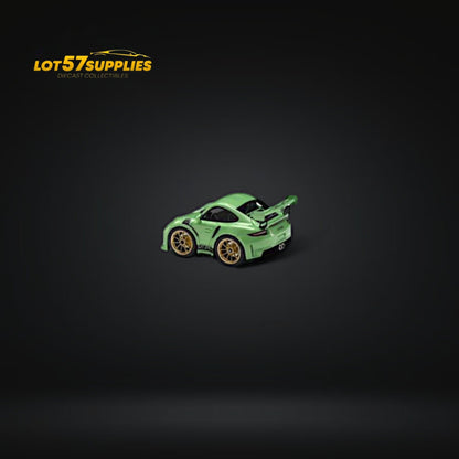 Green 1:64 scale Minicraftsman Porsche 911 GT3 RS diecast model with detailed features and realistic design.