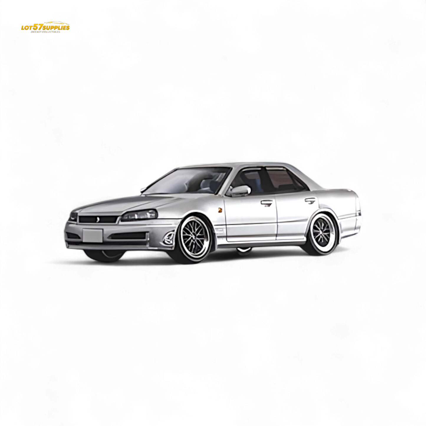 Silver Nissan ER34 Skyline 1:64 diecast model by Lot57Supplies, showing detailed exterior view of the miniature car.