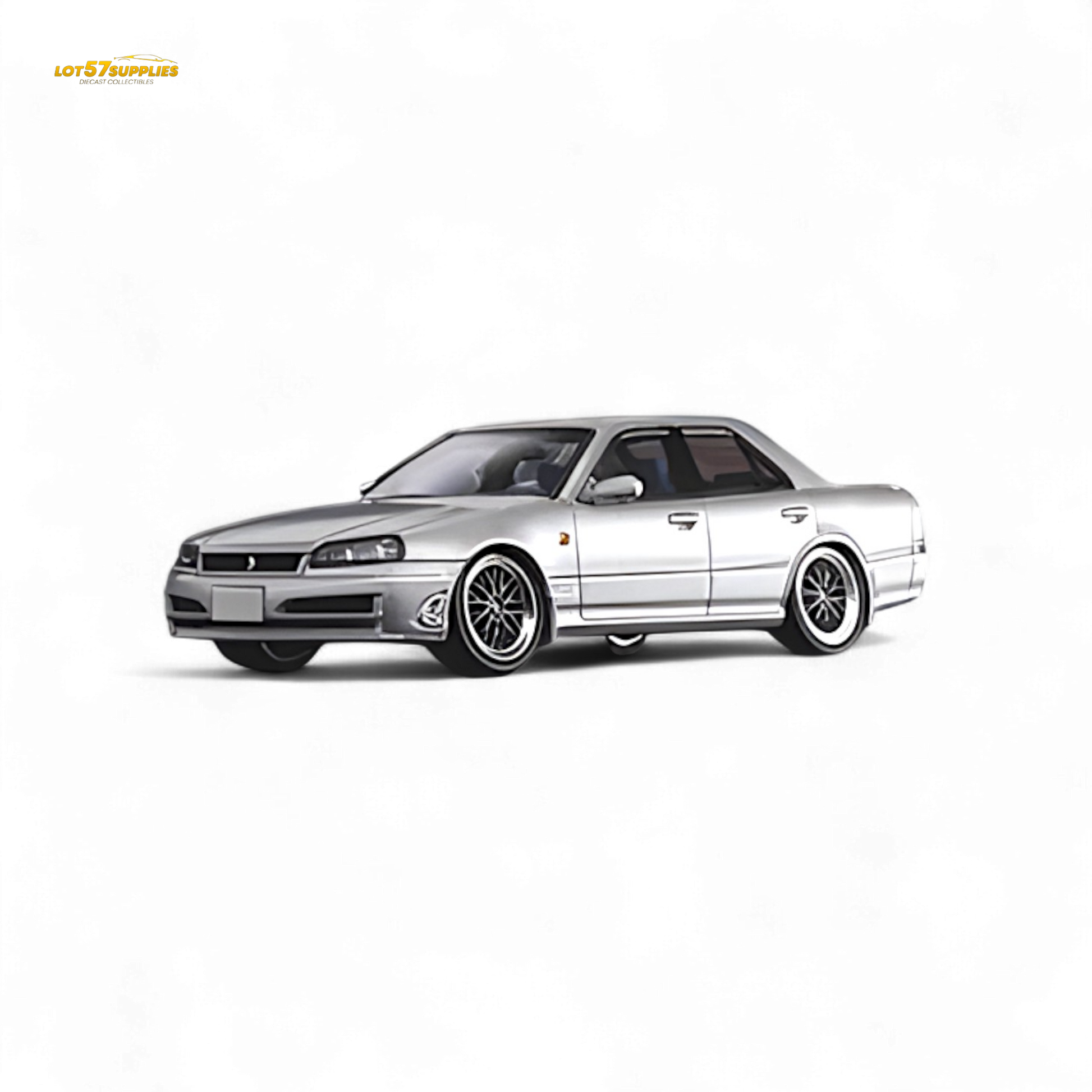 Silver Nissan ER34 Skyline 1:64 diecast model by Lot57Supplies, showing detailed exterior view of the miniature car.