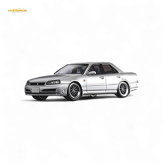 Silver Nissan ER34 Skyline 1:64 diecast model by Lot57Supplies, showing detailed exterior view of the miniature car.