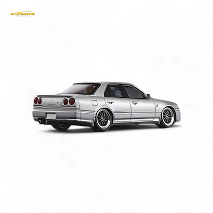 Silver Nissan Skyline 25GT-T diecast model in 1:64 scale, showcasing detailed design and realistic features.