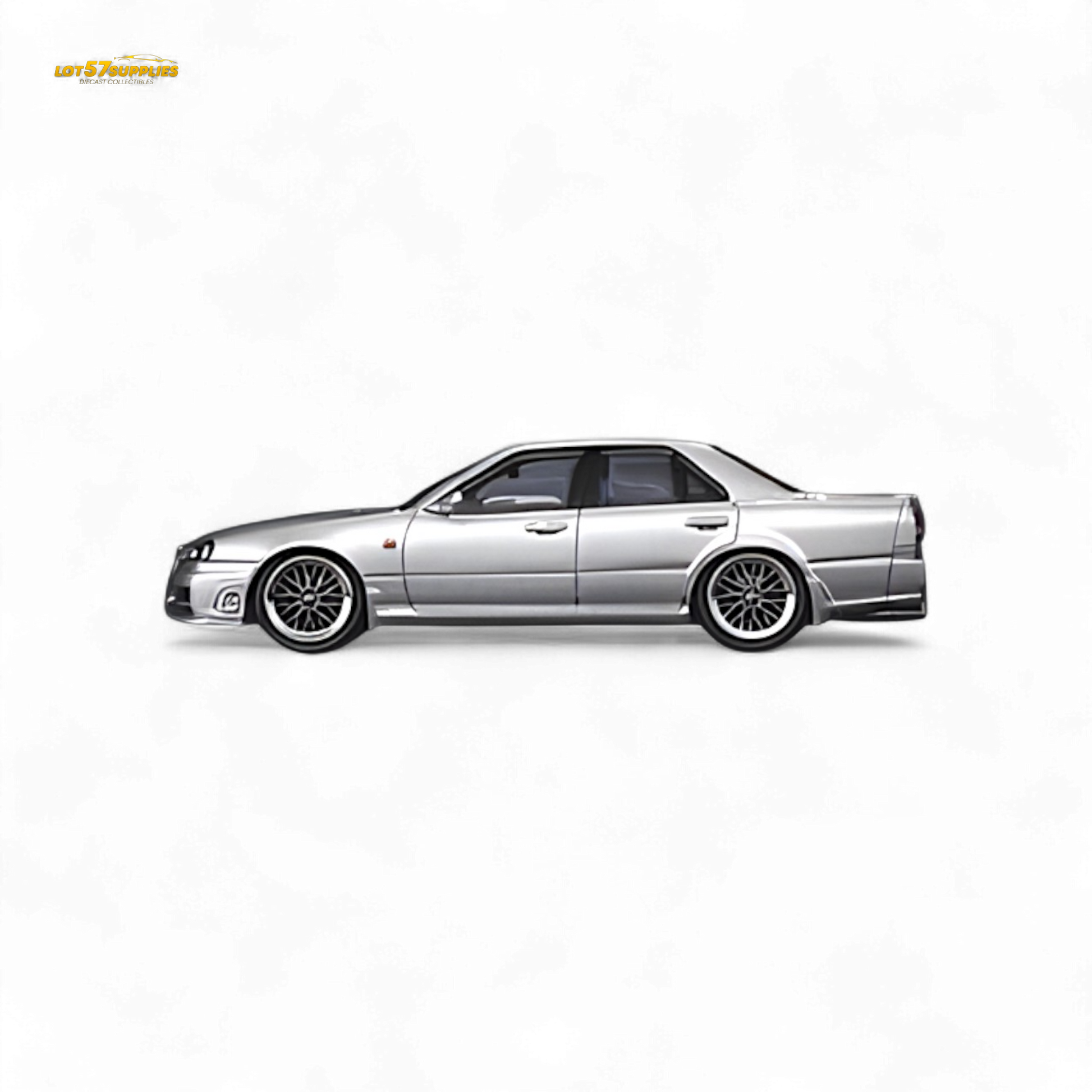 Silver Nissan Skyline 25GT-t diecast model in 1:64 scale, featuring detailed exterior design, from Lot57Supplies Diecast Shop.