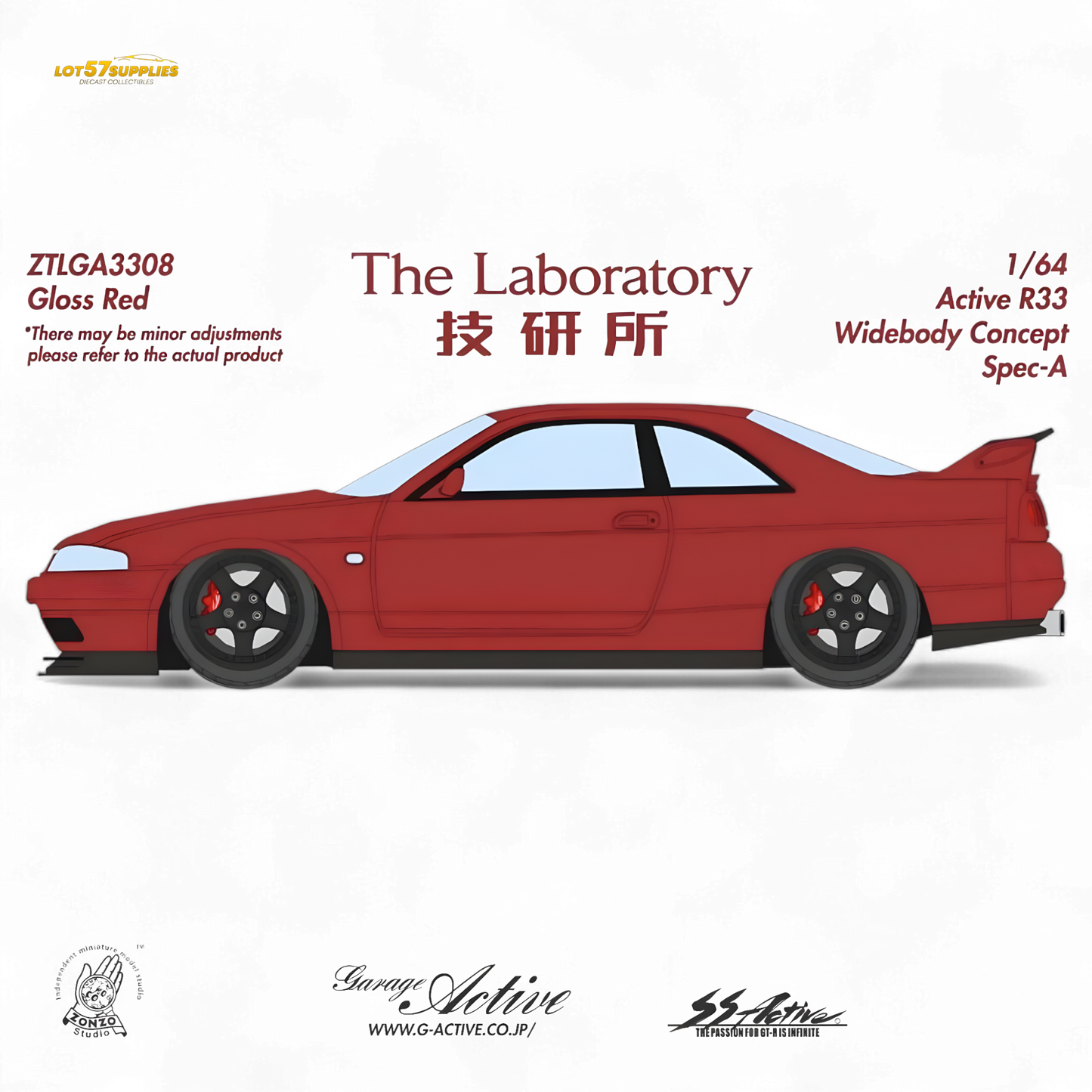 Detailed image of a 1:64 scale Nissan R33 Widebody diecast model by Lot57Supplies Diecast Shop from The Laboratory x ZONZO collection.