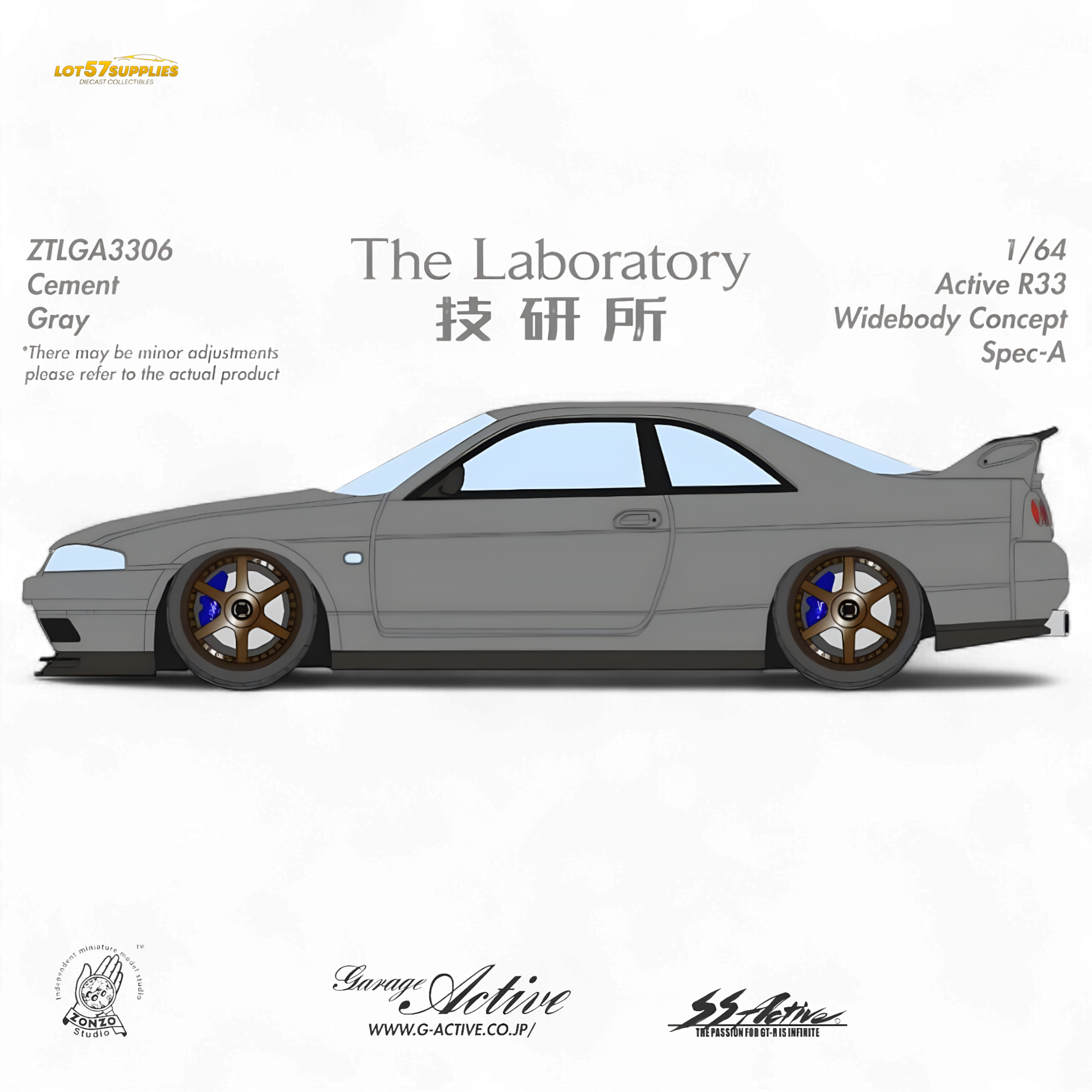 Diecast Nissan R33 ZTLGA3306 widebody model by Lot57Supplies Diecast Shop, 1:64 scale, detailed miniature car.