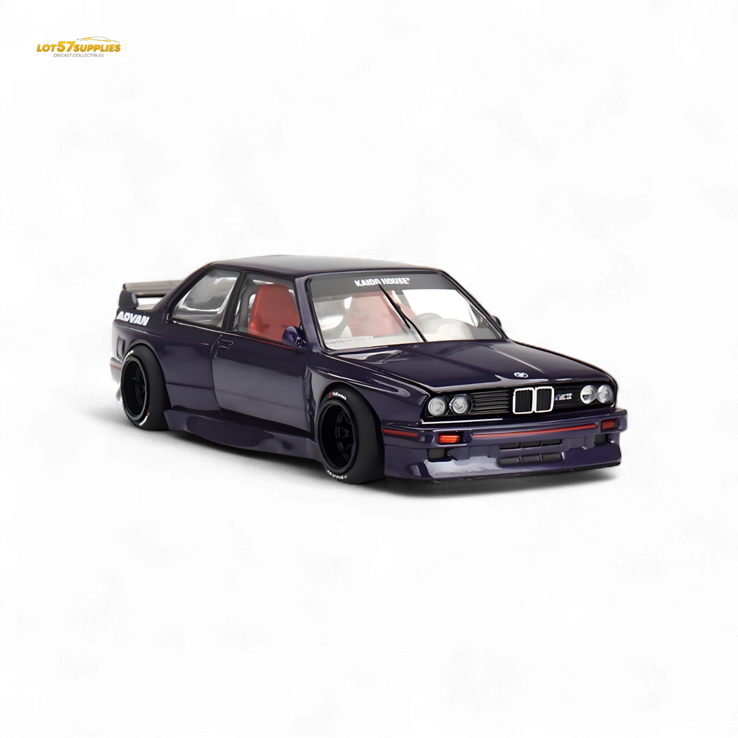 Detailed image of a 1:64 scale BMW M3 Kaido GT V2 diecast model in black with red accents, showcasing intricate design features.