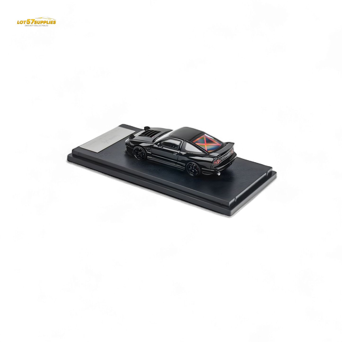 Nissan MicroTurbo 180SX Type X diecast model in metallic black by Lot57Supplies, detailed 1:64 scale collectible car.
