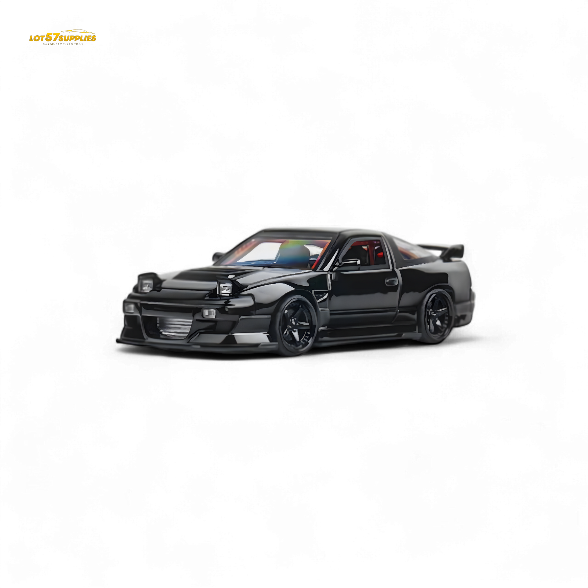Metallic black MicroTurbo 180SX Type X diecast model by MIYABI, detailed Nissan 1:64 scale car in black finish.