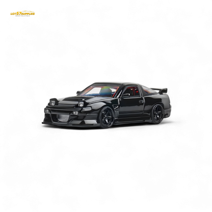 Metallic black MicroTurbo 180SX Type X diecast model by MIYABI, detailed Nissan 1:64 scale car in black finish.