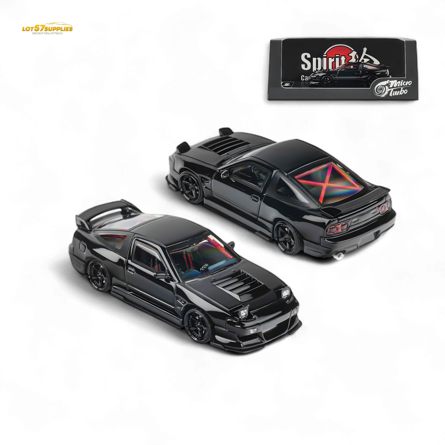 Metallic black MicroTurbo 180SX Type X diecast Nissan model by MIYABI, 1:64 scale, detailed miniature car image.