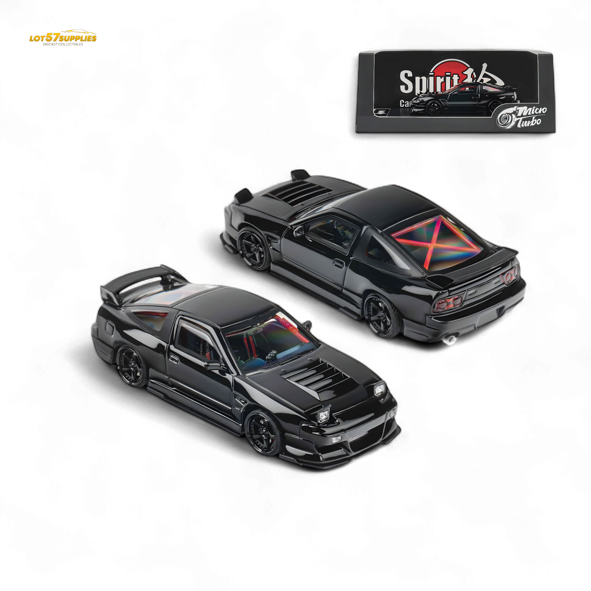 Metallic black MicroTurbo 180SX Type X diecast Nissan model by MIYABI, 1:64 scale, detailed miniature car image.