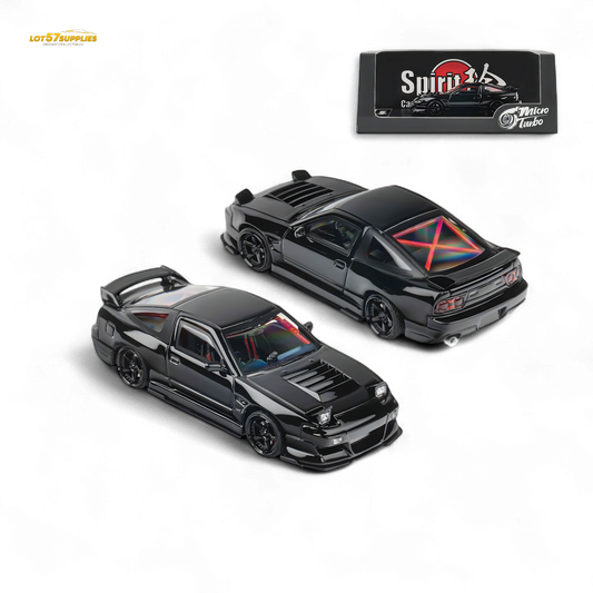 Metallic black MicroTurbo 180SX Type X diecast Nissan model by MIYABI, 1:64 scale, detailed miniature car image.
