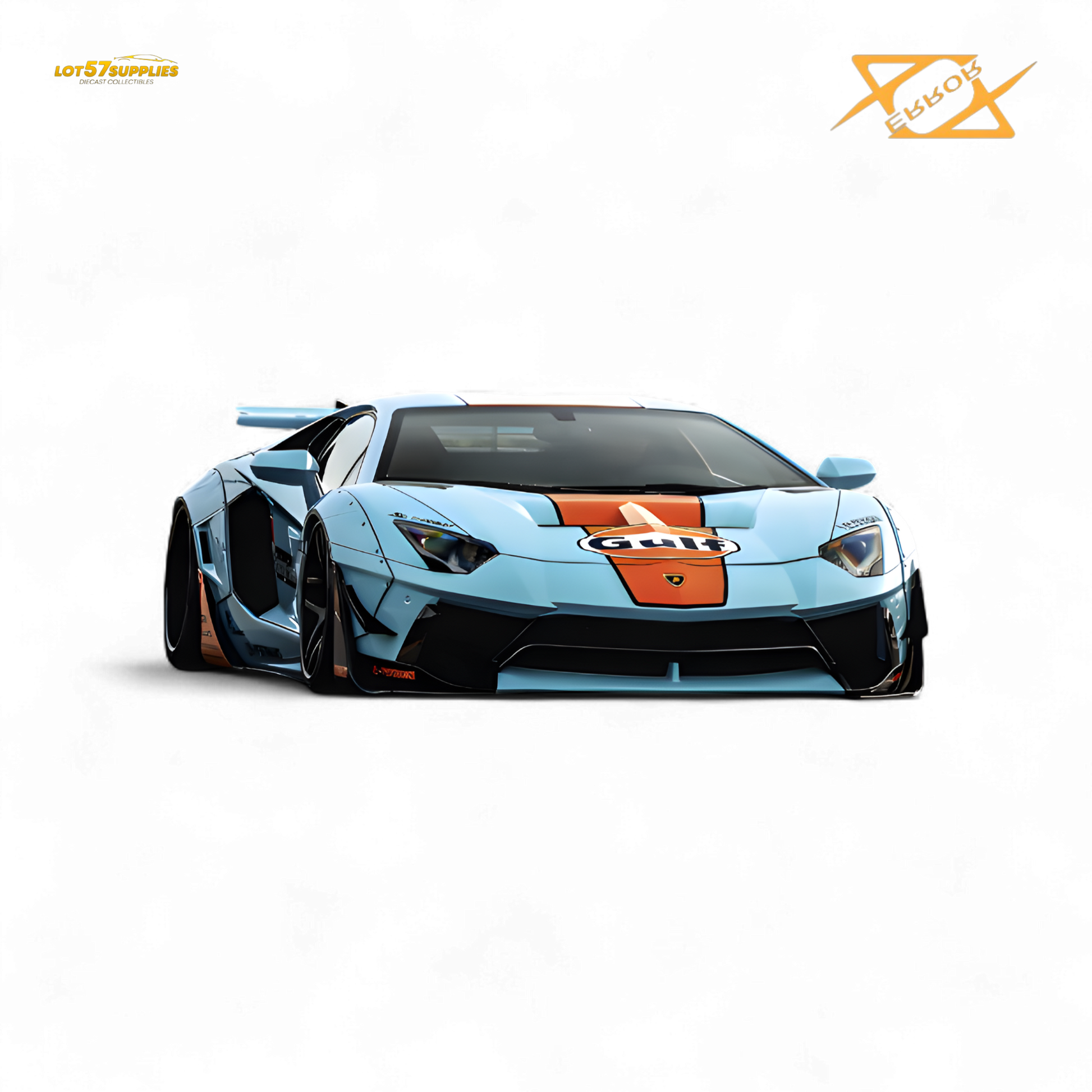 Detailed image of a 1:64 Lamborghini Aventador LBWK 2.0 Gulf diecast model by Lot57Supplies, showcasing the car's vibrant livery.