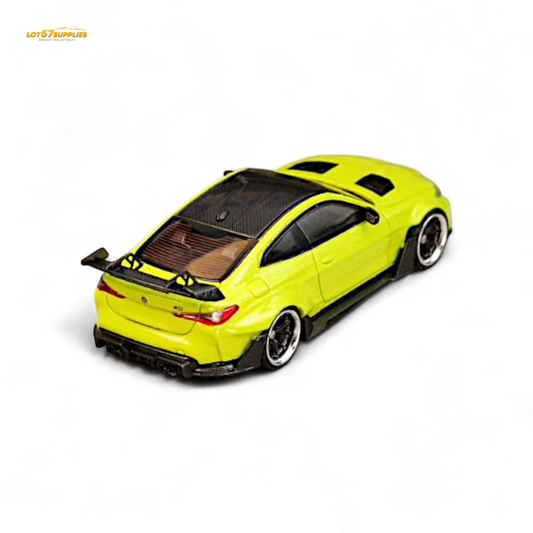 Sao Paulo Yellow SW BMW G82 M4 diecast model with wide-body modifications, detailed miniature car from Lot57Supplies Diecast Shop