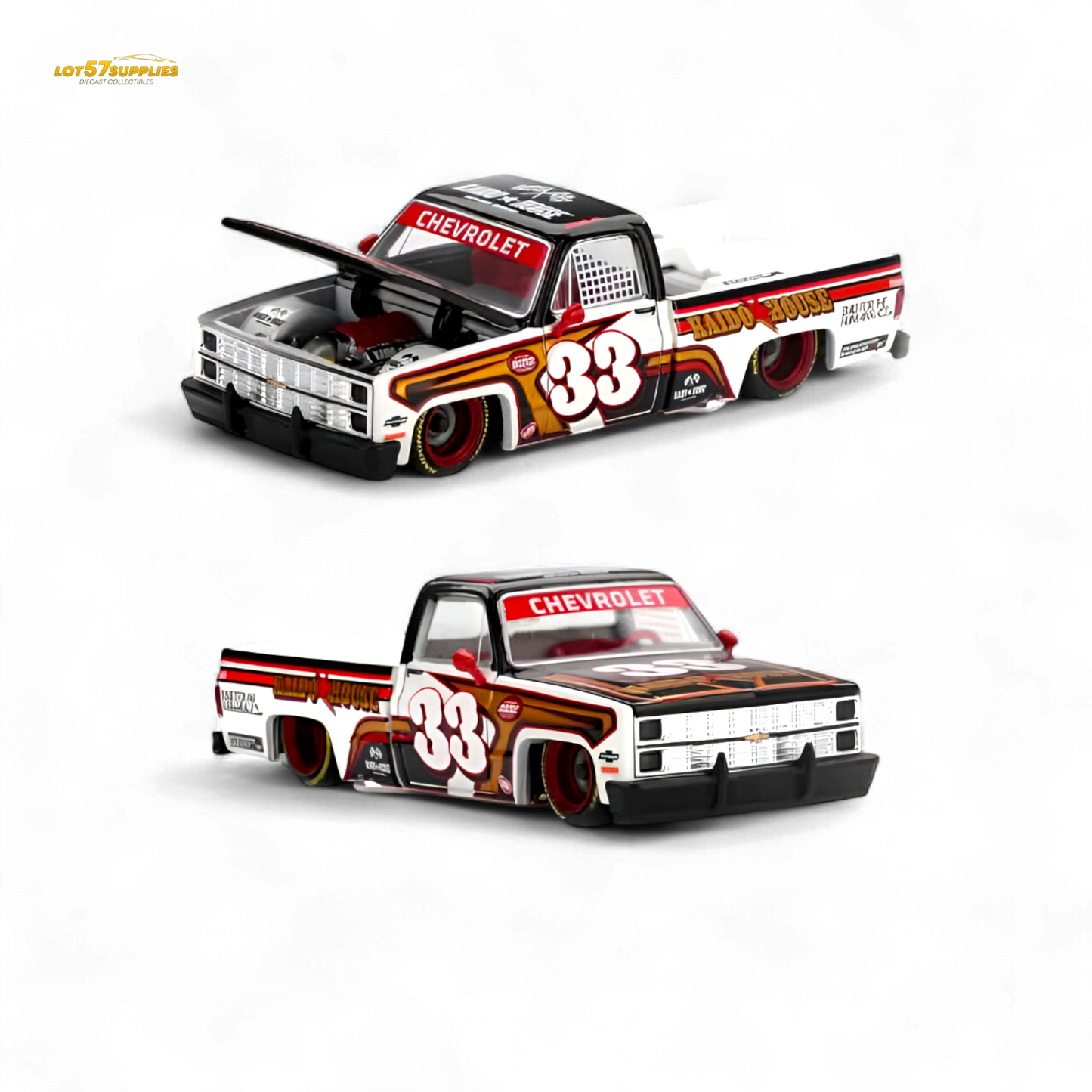 Pre-order Chevrolet Silverado Intimidator V1 diecast model in 1:64 scale by Lot57Supplies Diecast Shop, shown in a detailed screenshot.