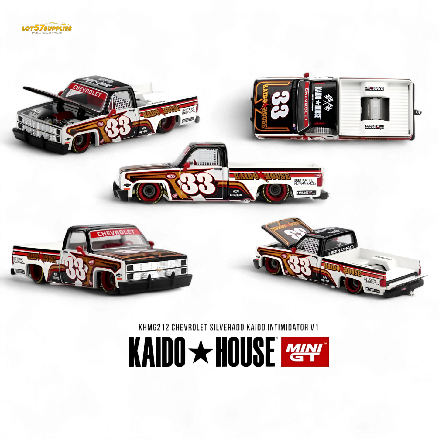 Pre-order Chevrolet Silverado Intimidator V1 diecast model in 1:64 scale by Lot57Supplies Diecast Shop, detailed silver pickup truck.