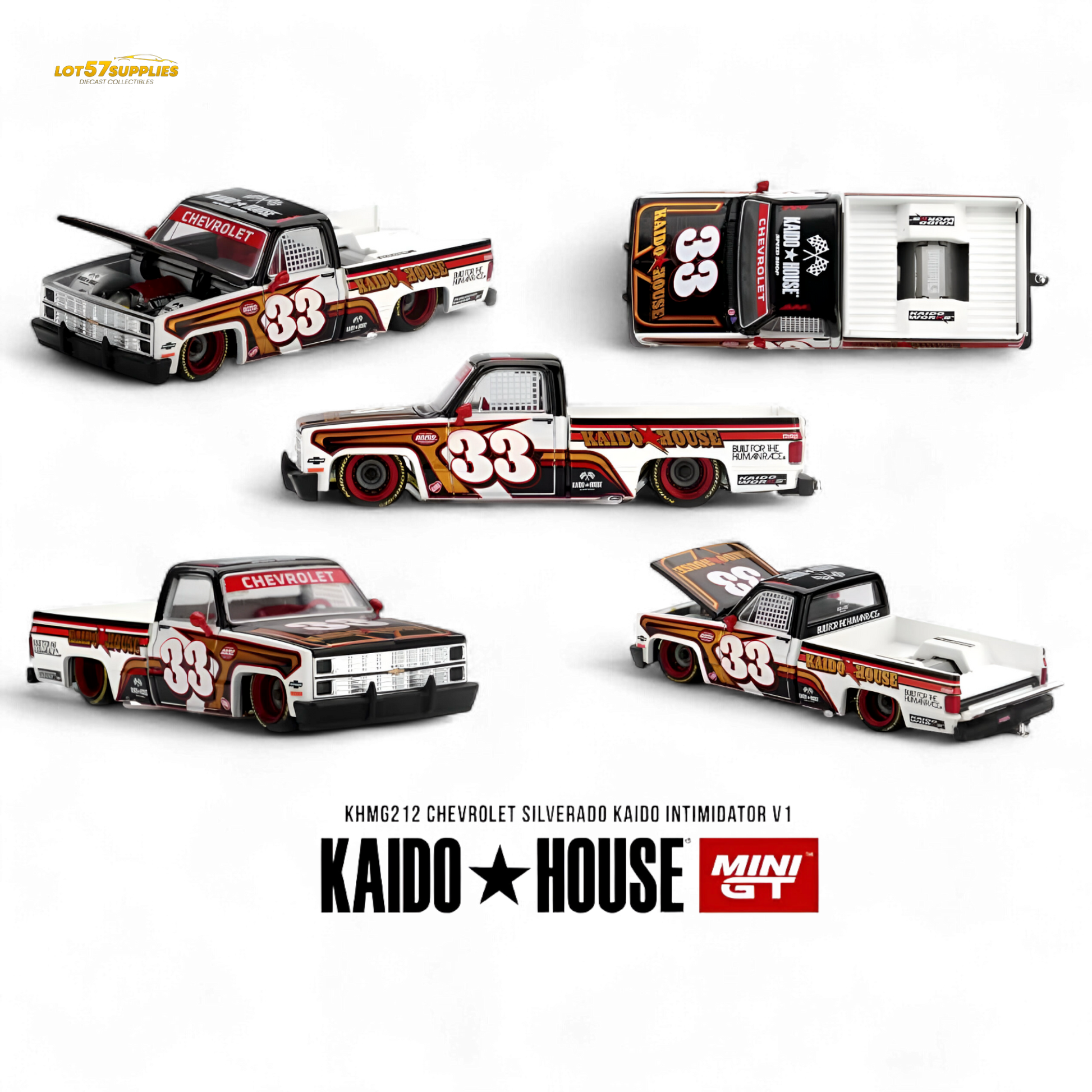 Pre-order Chevrolet Silverado Intimidator V1 diecast model in 1:64 scale by Lot57Supplies Diecast Shop, detailed silver pickup truck.